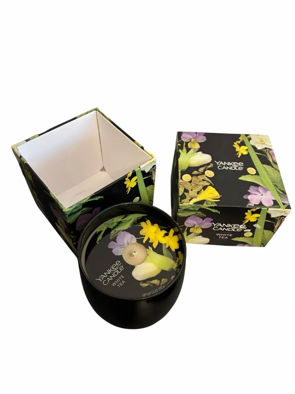 Yankee Candle White Tea Scented Candle in Black with Floral Gift Box 7.5oz